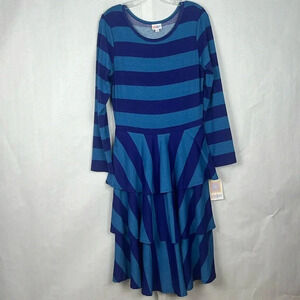 LuLaRoe Georgia Blue Two Tone Striped Tiered Midi Dress Long Sleeve Size L NWT